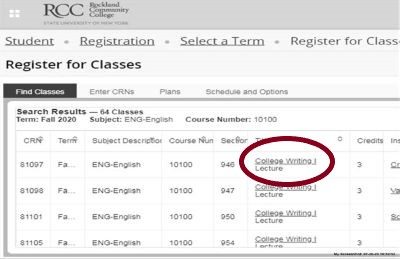 register for classes screenshot with College Writing I Lecture circled