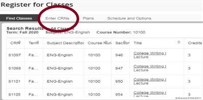 register for classes screenshot with enter CRNs circled