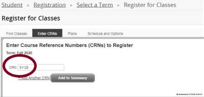 register for classes screenshot with CRN text input circled