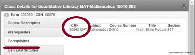 class details screenshot with corequisites tab underlined and CRNs circled