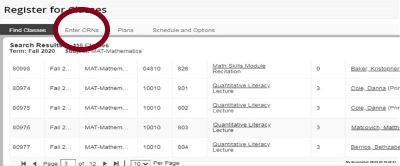 register for classes screenshot with Enter CRNs tab circled