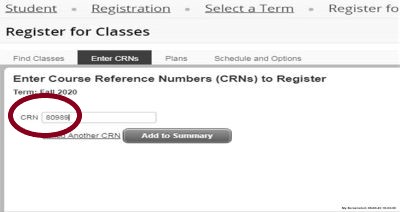 register for classes screenshot with CRN text input circled