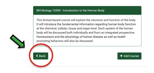 screenshot of a course description with Back button highlighted with circle and arrow