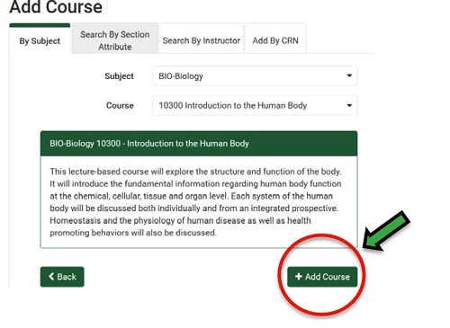 screenshot showing Add Course search by tabs with Add Course button highlighted