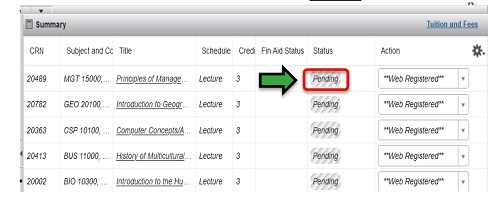 screenshot of course schedule with Pending status highlighted