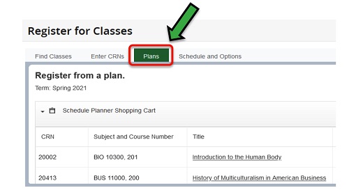 screenshot of Banner Register for Classes with Plans tab highlighted