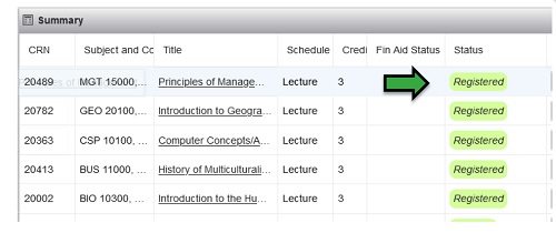 screenshot of course schedule with Registered status highlighted