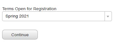 screenshot of Banner Terms Open for Registration dropdown select list and continue button