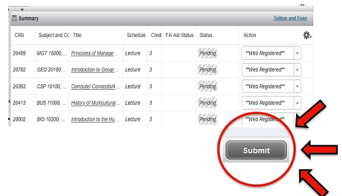 screenshot of course schedule with Submit button highlighted