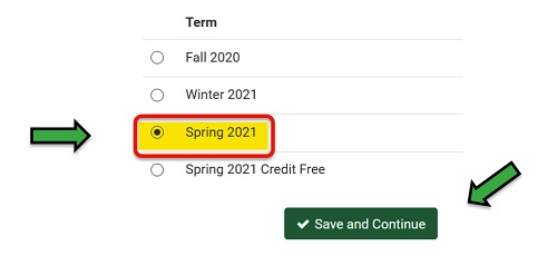 screenshot of the Select Term menu with Spring 2021 and the Save and Continue button highlighted
