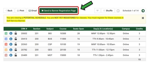 screenshot of schedule with Send to Banner Registration button highlighted