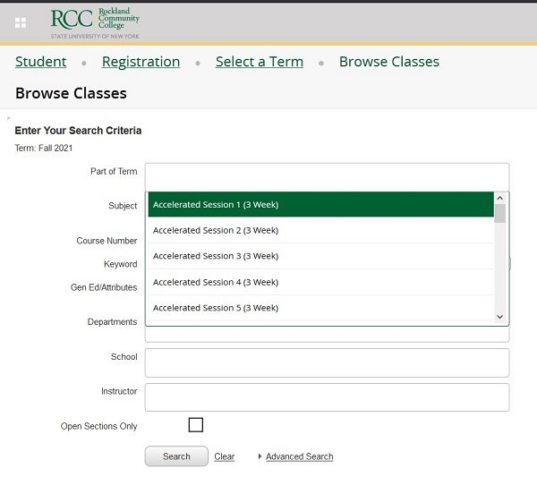 screenshot of Self-Service showing the Accelerated Sessions in the Part of Term list 