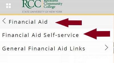 Self-Service Banner menu with arrows highlighting Financial Aid and Financial Aid Self-service