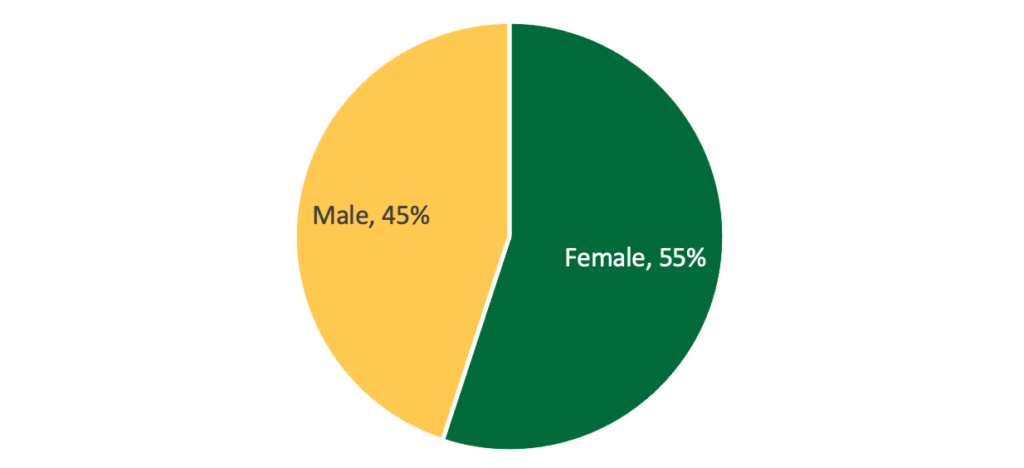 Student sex grand total pie chart - Female, 55%; Male , 45%
