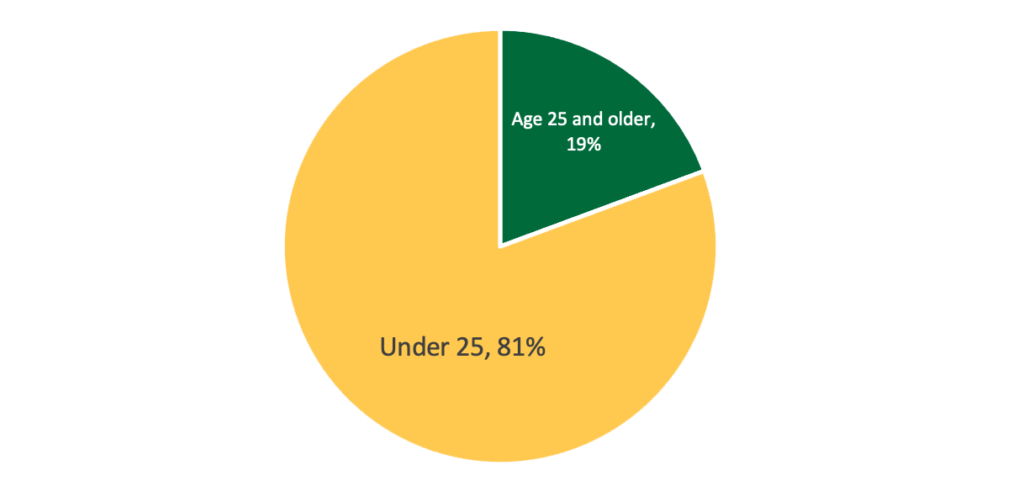 Students by age grand total pie chart - age 25 and older, 19%; under 25, 81%