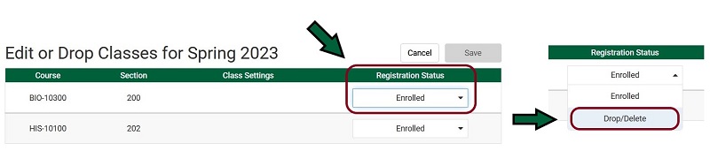 Edit or Drop Classes with Registration Status highlighted and dropdown with Drop/Delete highlighted