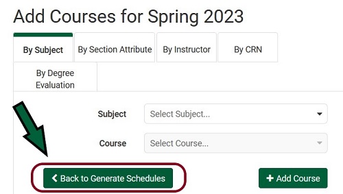 screenshot of add courses with Back to Generate Schedules button highlighted with circle and arrow