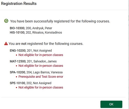 Registration results showing courses registered for and those that could not be registered