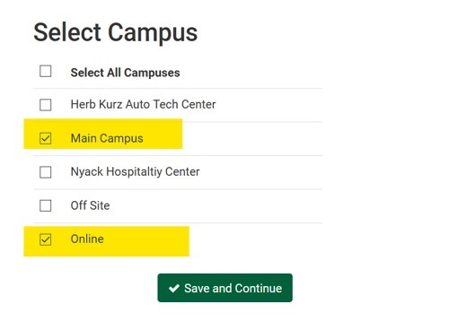 screenshot of Select Campus with Main Campus and Online checked and highlighted