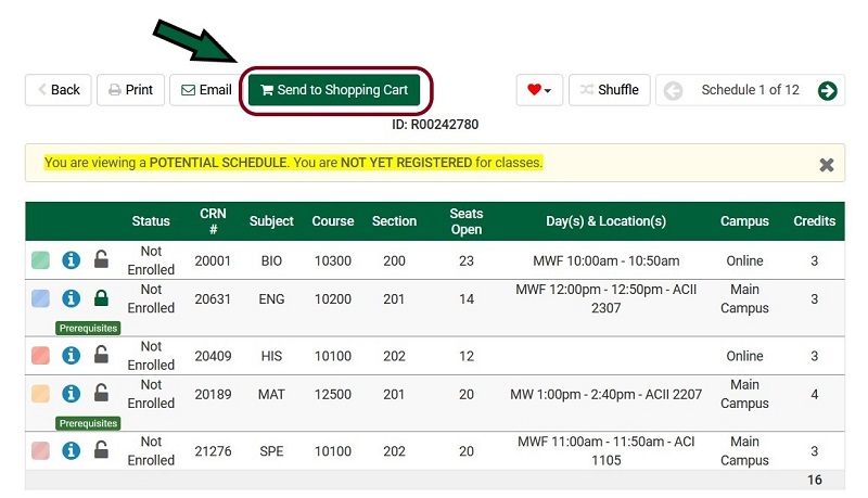 screenshot of potential schedule with Send to Shopping Cart button highlighted