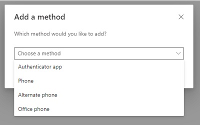 add a method screen with dropdown for authenticator app, phone, alternate or office phone