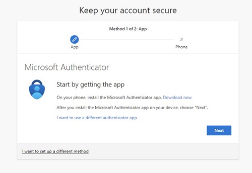 Microsoft Authenticator screen with download link