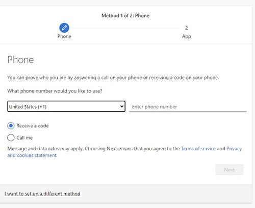 enter phone number and select receive a code screen