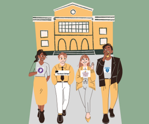 cartoon of students walking in front of building with college logos on their shirts