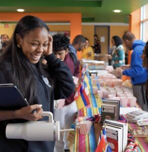 student smiling at Hispanic Heritage Month exhibit