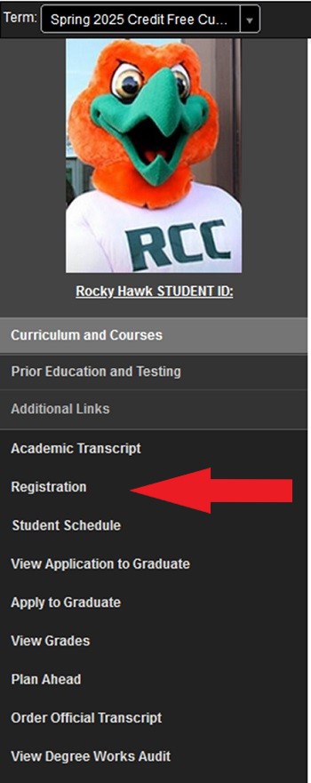 Student Service menu with arrow pointing to registration