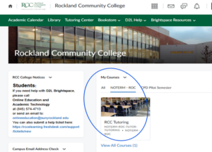 screenshot of D2L Brightspace with RCC Tutoring circled under My Courses