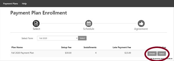 screenshot of Payment Plans Enrollment with Details and Select buttons circled