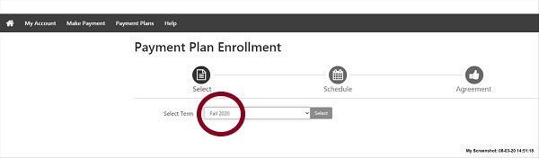 screenshot of Payment Plans Enrollment with term selection circled