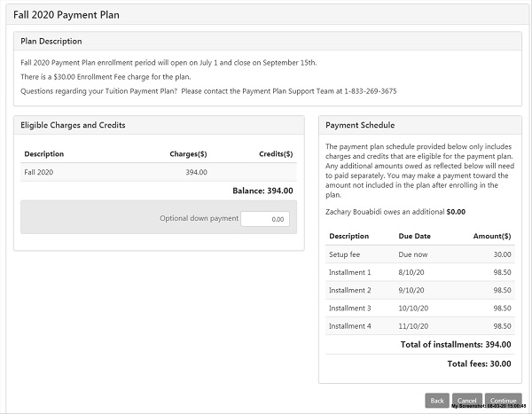 screenshot of Fall 2020 Payment Plan