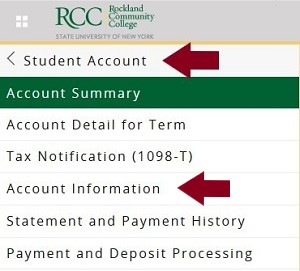 screenshot of Self-Service Banner with arrows pointing to Student Account and Account Information links