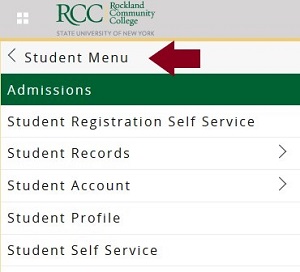 screenshot of Self-Service Banner with arrow showing Student Menu link