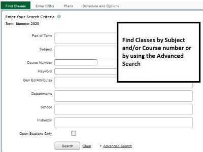 Screenshot of find classes tab. Find classes by subject, course number or using Advanced Search